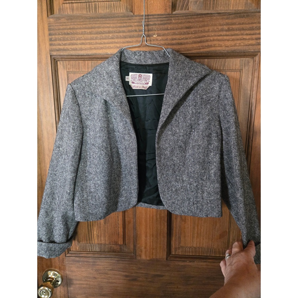 Makola Italy Womens Grey‎ Tweed Cropped Open Front Blazer Jacket Size S